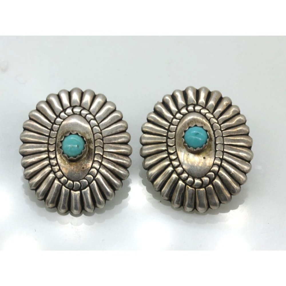 925 STERLING Native American concho turquoise earrings, vintage, clip on 5.4 gr